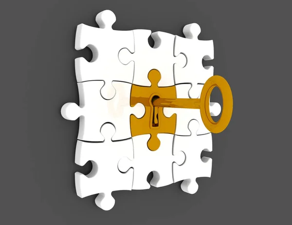Золотой ключ и кусочки головоломки - трехмерная иллюстрация — стоковое фото