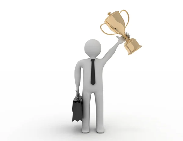 3d people - man, person and a big golden trophy. Businessman. re — Stock Photo, Image