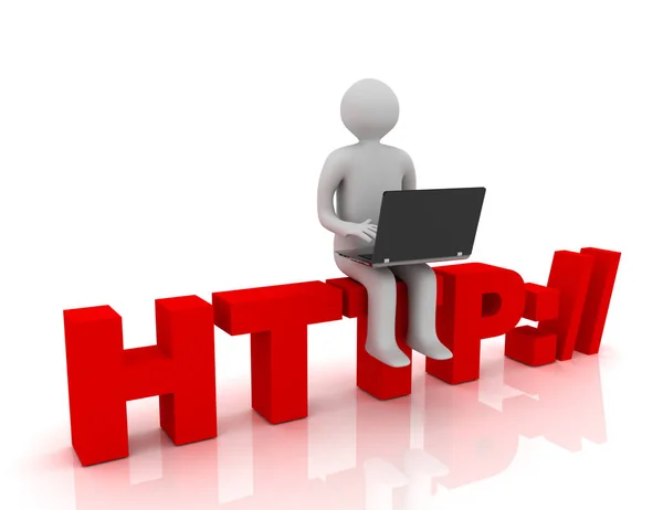 3d people - man, person sitting on HTTP sign with a laptop. Conc — Stock Photo, Image
