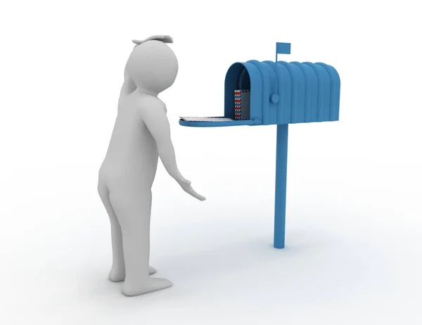 3D-Mann mit Briefkasten. Postzustellung. Veranschaulichung — Stockfoto