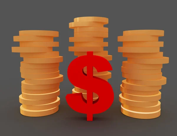 Kırmızı dolar işareti ve altın. 3D render illüstrasyon — Stok fotoğraf