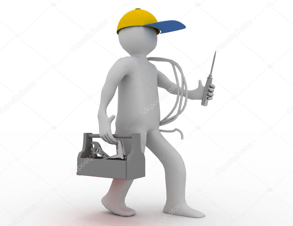 Walking electrician with toolbox, cable and cap. 3d rendered ill