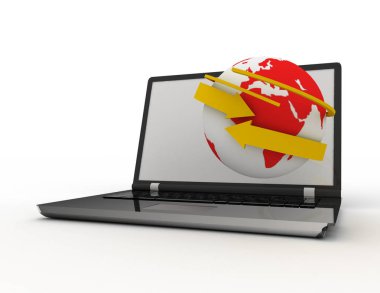 Laptop ile dünya ve ok. Internet kavramı. 3D render Hüseyin