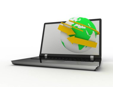 Laptop ile dünya ve ok. Internet kavramı. 3D render Hüseyin