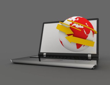 Laptop ile dünya ve ok. Internet kavramı. 3D render Hüseyin