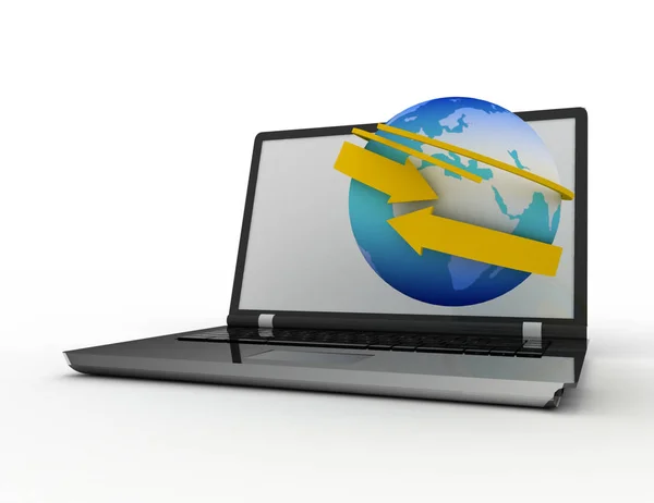 Laptop with earth and arrow. Internet concept . 3D rendered illu — Stock Photo, Image