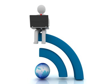3D insan - insan karakteri, laptop ve Rss simgesi olan kişi 