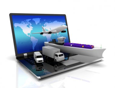 Lojistik kavramı. dizüstü bilgisayar, uçak, gemi, kamyon. hasta render 3d