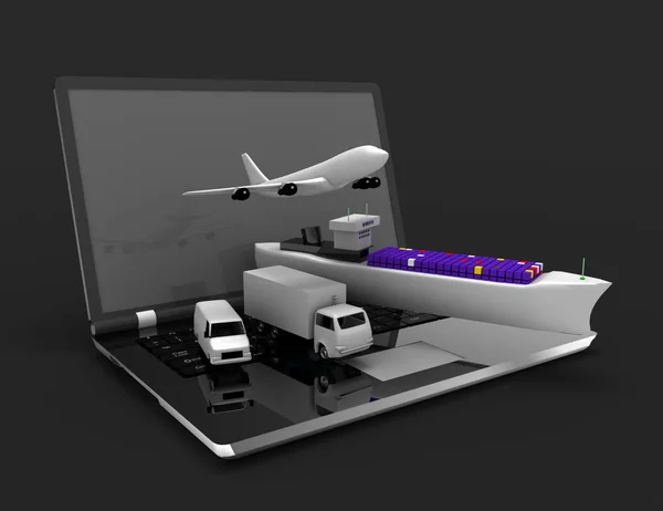 Логистическая концепция ноутбук, самолет, корабль, грузовик. 3d made ill — стоковое фото