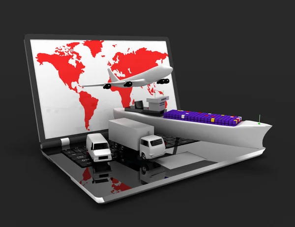 Έννοια εφοδιαστικής. laptop, αεροπλάνο, πλοίο, φορτηγό. 3D τετηγμένα άρρωστος — Φωτογραφία Αρχείου