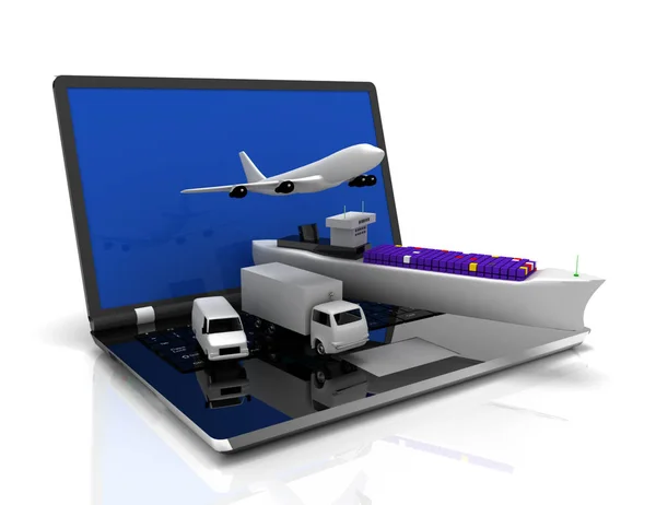 Koncepcja logistyki. laptop, samolot, statek, samochód ciężarowy. 3D renderowane chory — Zdjęcie stockowe