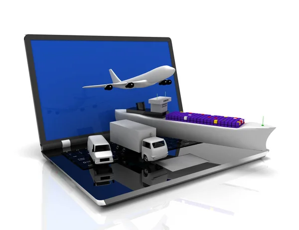 Logistikkonzept. Laptop, Flugzeug, Schiff, LKW. 3d krank gemacht — Stockfoto