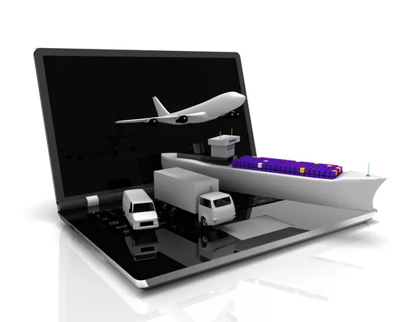 Логистическая концепция ноутбук, самолет, корабль, грузовик. 3d made ill — стоковое фото