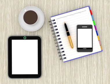tablet ve kahve ile iş yeri kavramı. 3D render illustratio