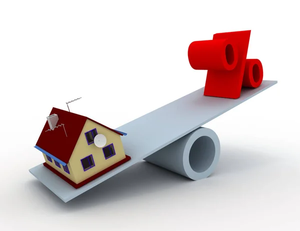 Huis en procent ondertekenen in de balans. 3D-gerenderde afbeelding — Stockfoto