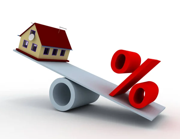 Dům a procento podepsat v rovnováze. 3D tavené ilustrace — Stock fotografie