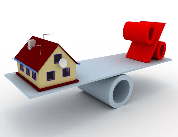 Dom i procent Zaloguj się równowagi. 3D wytopione ilustracja — Zdjęcie stockowe