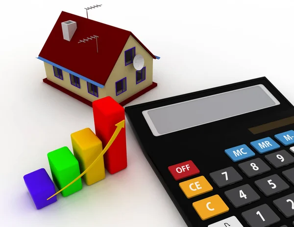 Casa y calculadora. concepto de patrimonio. 3d ilustración renderizada —  Fotos de Stock
