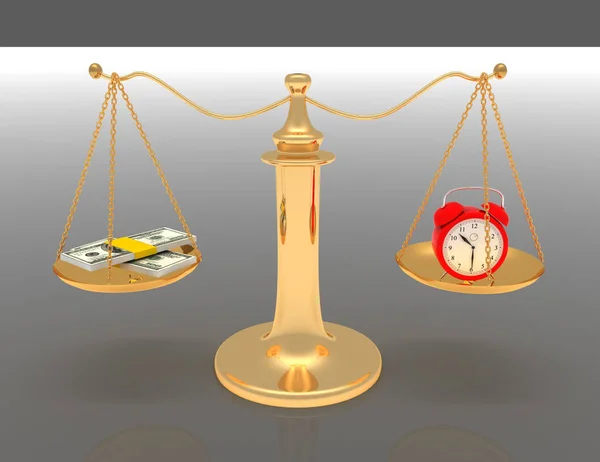 Czas jest koncepcja pieniądza. wagi i zegar i pieniądze. 3D świadczonych — Zdjęcie stockowe