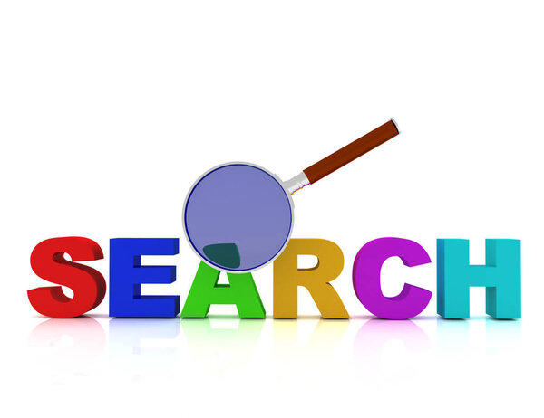 Поисковый текст под лупой. 3D-рендеринг иллюстраций
