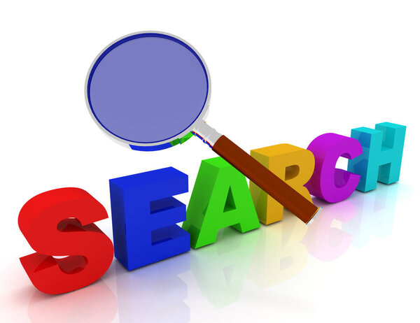 Поисковый текст под лупой. 3D-рендеринг иллюстраций
