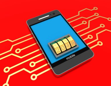 Hareket eden telefon elektronik devre ve kilit arama ile. 3d render
