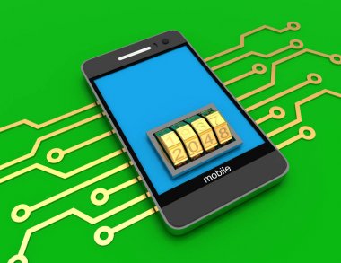 Hareket eden telefon elektronik devre ve kilit arama ile. 3d render