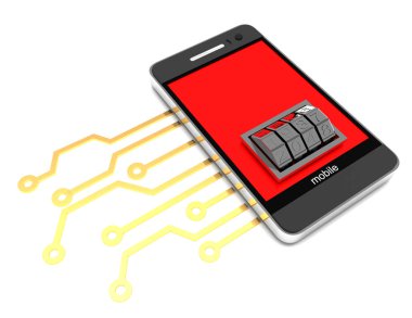 Hareket eden telefon elektronik devre ve kilit arama ile. 3d render
