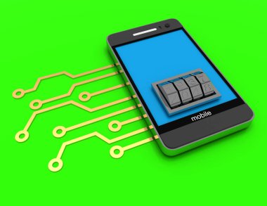 Hareket eden telefon elektronik devre ve kilit arama ile. 3d render