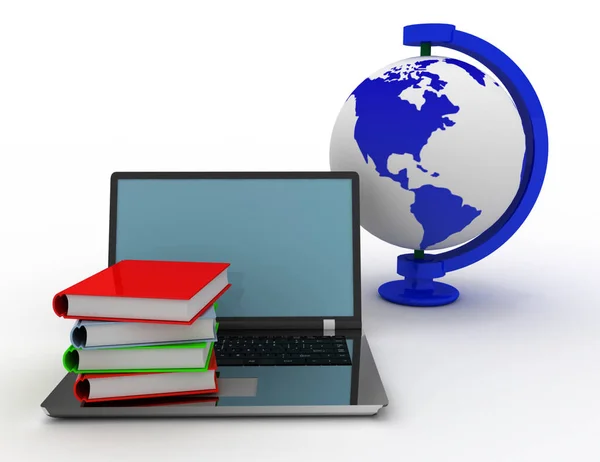 Bildung konzeltiert. Laptop, Buch und Globus. 3D gerendert illus — Stockfoto