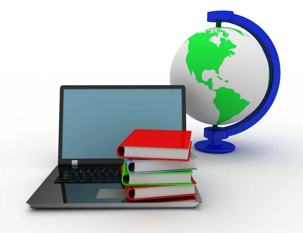 Bildung konzeltiert. Laptop, Buch und Globus. 3D gerendert illus — Stockfoto