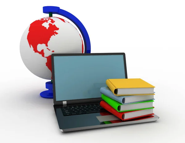 Educação concelpt. laptop, livro e globo. illus 3d renderizado — Fotografia de Stock