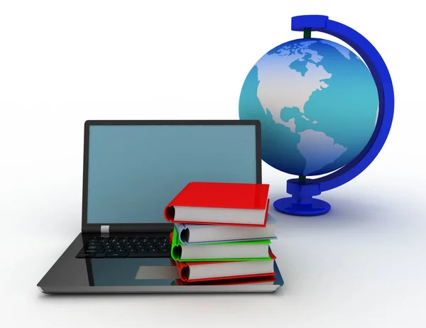 Education concelpt . laptop, book , and globe. 3d rendered illus — Stock Photo, Image