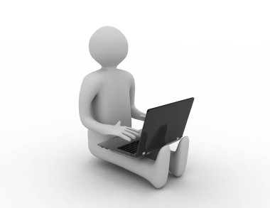 3d laptop ile oturan adam. 3D render illüstrasyon