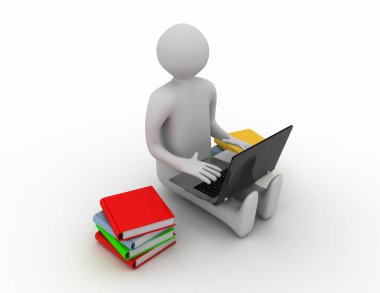 3d dizüstü bilgisayar kitapları ile ile oturan adam. 3D render illustratio