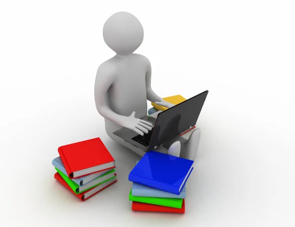 3d людина сидить з ноутбуком з книгами. 3D ілюстрація — стокове фото