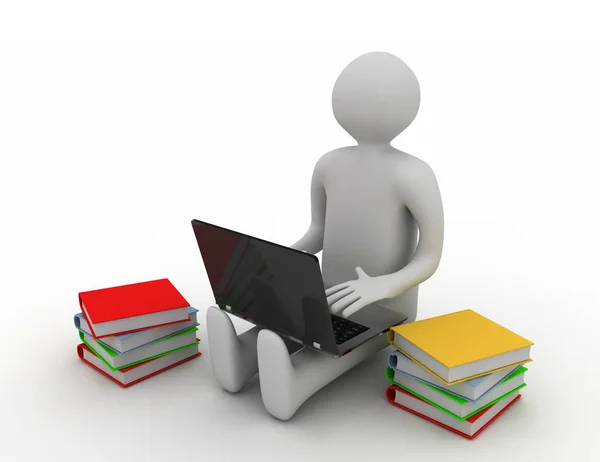 3D man zit met laptop met boeken. 3D gesmolten illustratio — Stockfoto