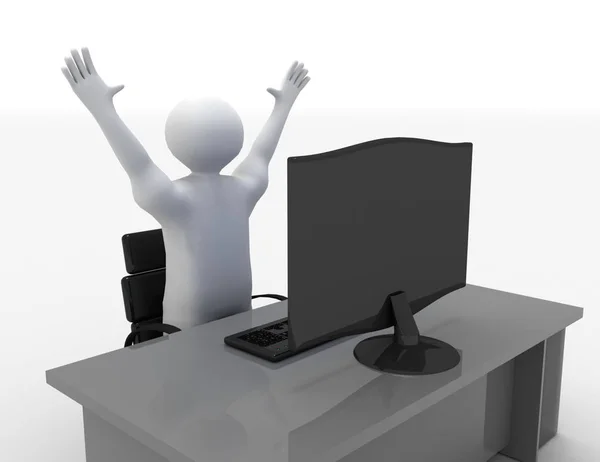 3D human character sitting by computer screen with arms up. succ — Stock Photo, Image