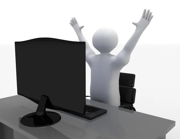 3D human character sitting by computer screen with arms up. succ — Stock Photo, Image