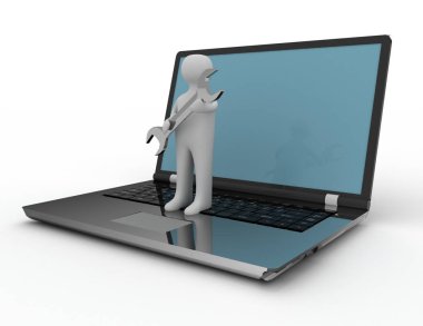 Laptop ve anahtarı olan kişi. 3D render illüstrasyon