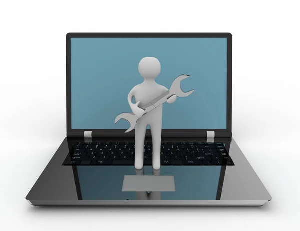 Az a személy, a laptop és a csavarkulcs. 3D-s renderelt illusztráció — Stock Fotó