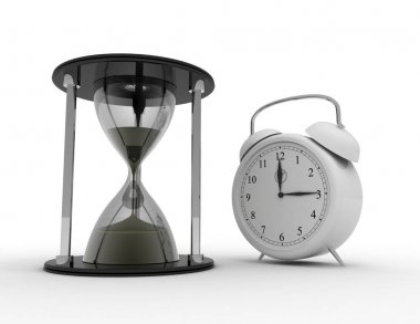 Beyaz arka plan üzerinde kum saati ve alarm ckock. iş zaman con