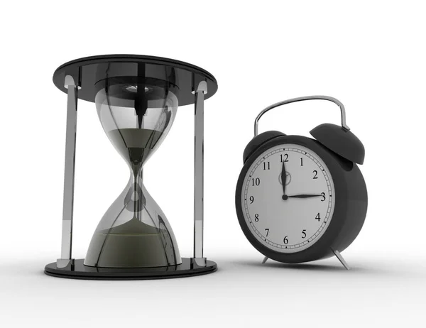 Timeglas og alarm ckock på hvid baggrund. Forretningstid - Stock-foto