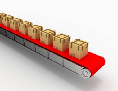 Konveyör kutulara nakliye. 3D render illüstrasyon