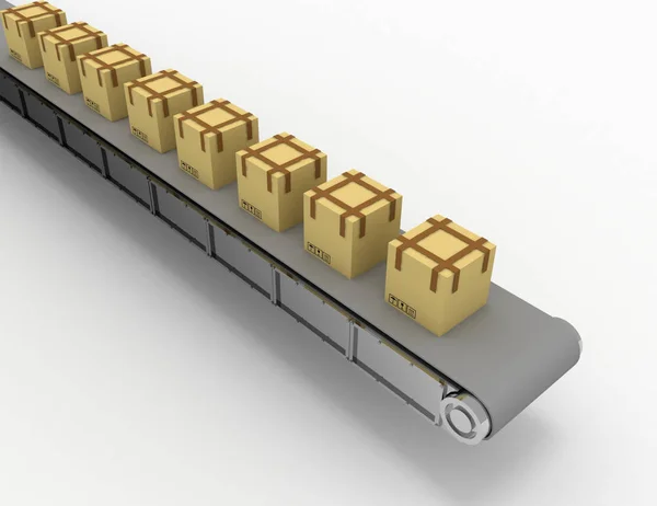 Доставка коробок на конвейере. Трехмерная иллюстрация — стоковое фото