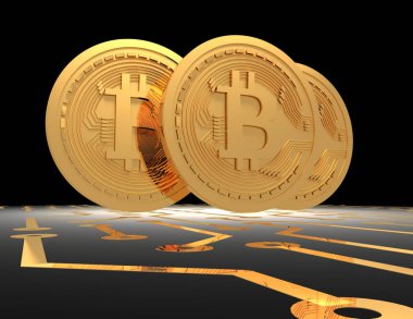 Baskılı devre kartı üzerinde Bitcoins. 3D render illüstrasyon