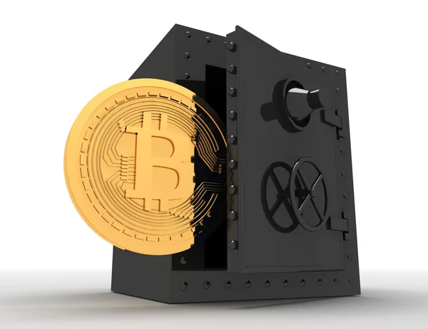 Caja fuerte de metal y bitcoin. 3d ilustración renderizada — Foto de Stock