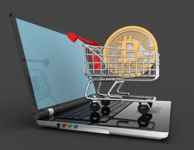 Bitcoin arabası laptop. 3D render illustrartion