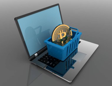 Bitcoin laptop sepette. 3D render illustrartion