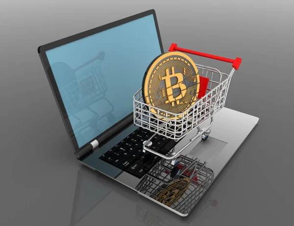 Bitcoin arabası laptop. 3D render illustrartion